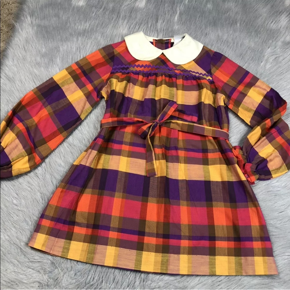 Vintage Cinderella Girls Purple Orange Pink Plaid Belted Long Sleeve Dress
